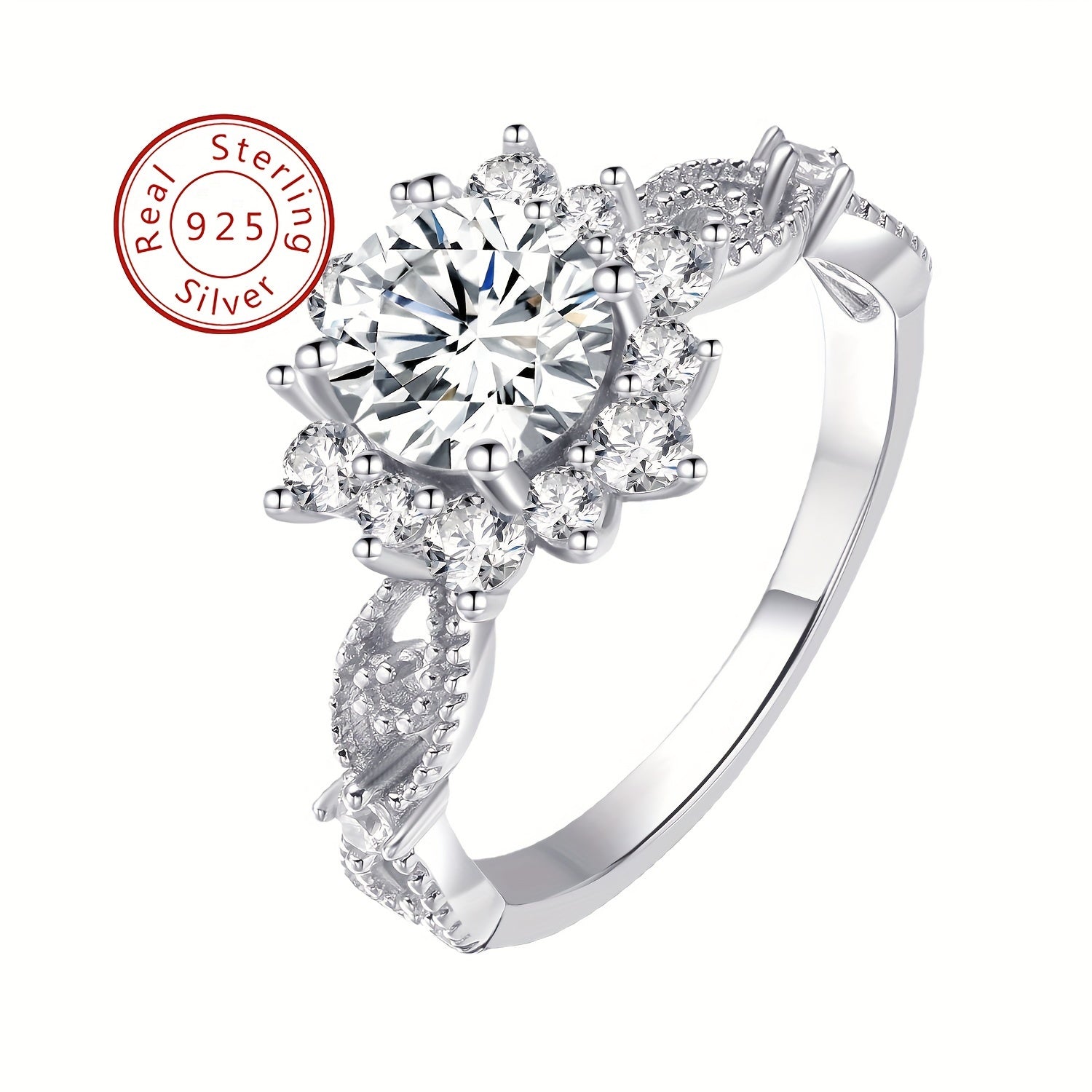 1 Carat Moissanite Snowflake Sterling Silver Engagement Ring Exquisite Noble Luxury Bridal Jewelry Gift for Women Promise Eternity Ring 18KT White Gold Plated S925