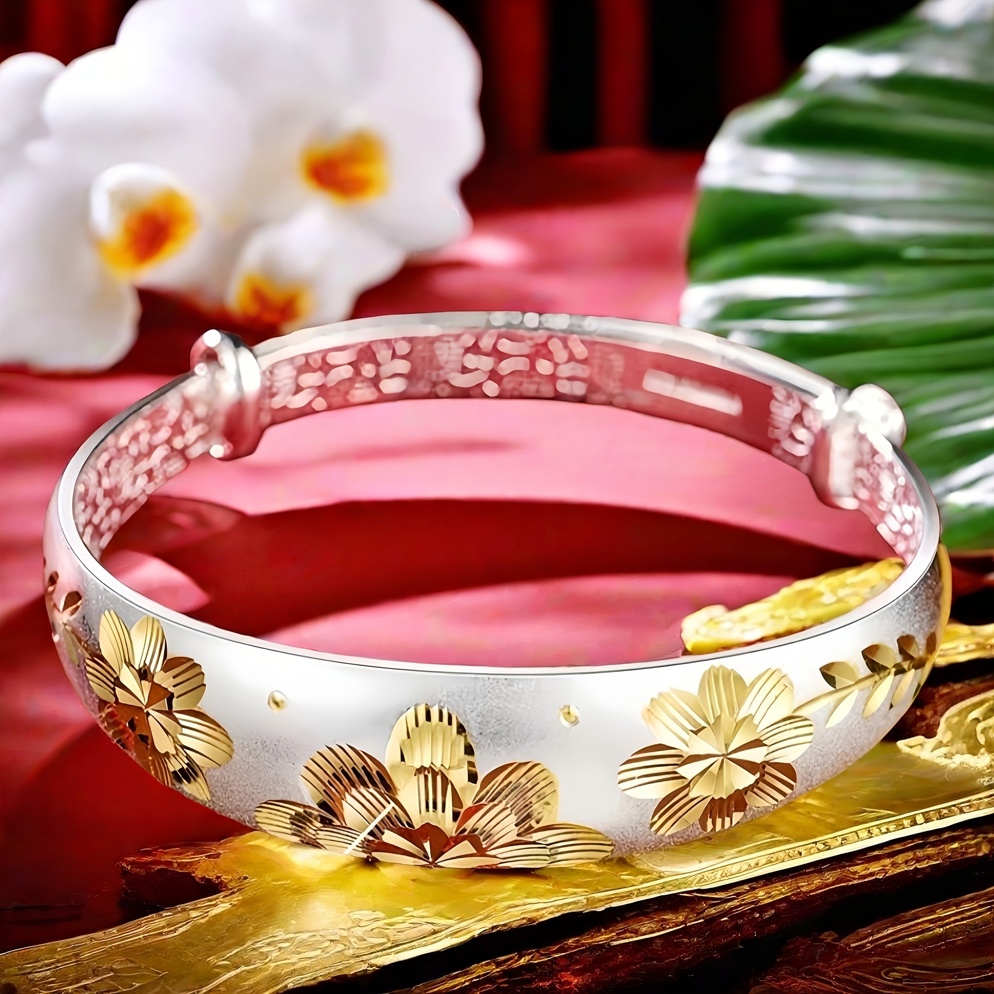 925 Sterling Silver Vintage Flower Bangle