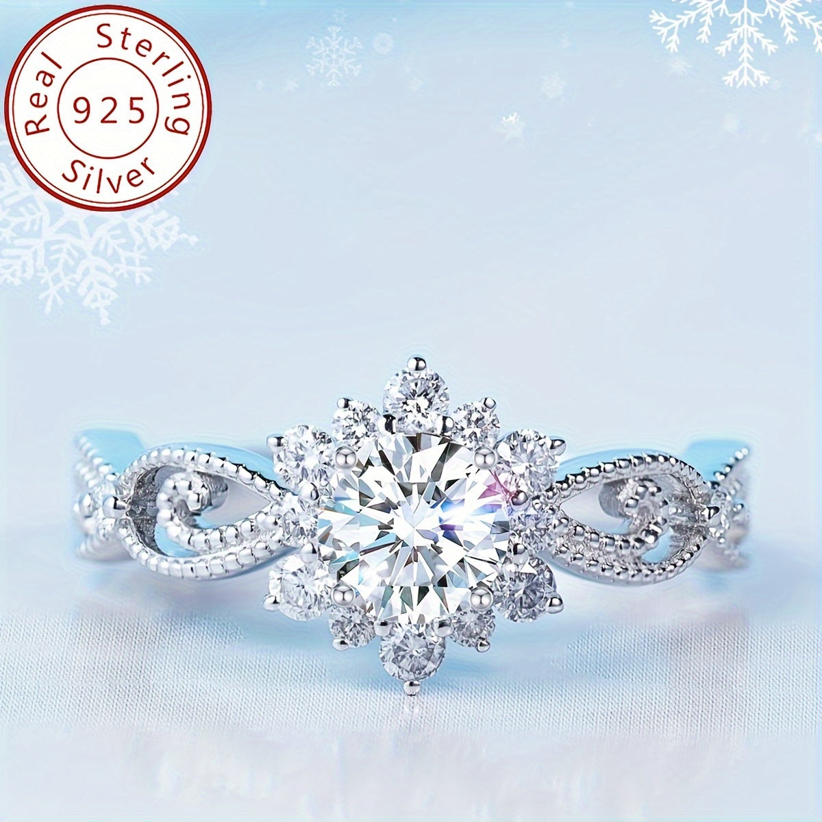 1 Carat Moissanite Snowflake Sterling Silver Engagement Ring Exquisite Noble Luxury Bridal Jewelry Gift for Women Promise Eternity Ring 18KT White Gold Plated S925