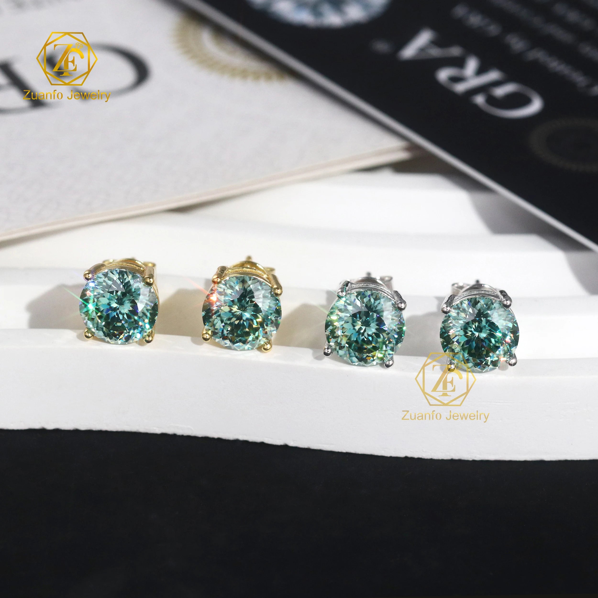 Certified Lab Diamond 8MM Blue Green Portuguese Cut Moissanite Stud Earrings