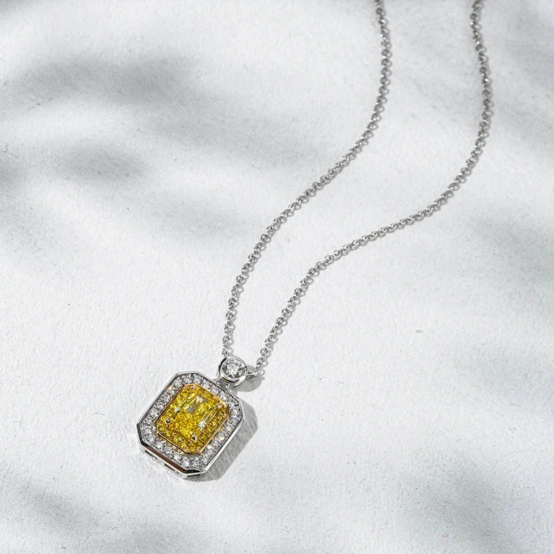 18KT Solid White Gold 0.84 Carat Yellow Diamond Radiant Cut Lab Diamond Necklace