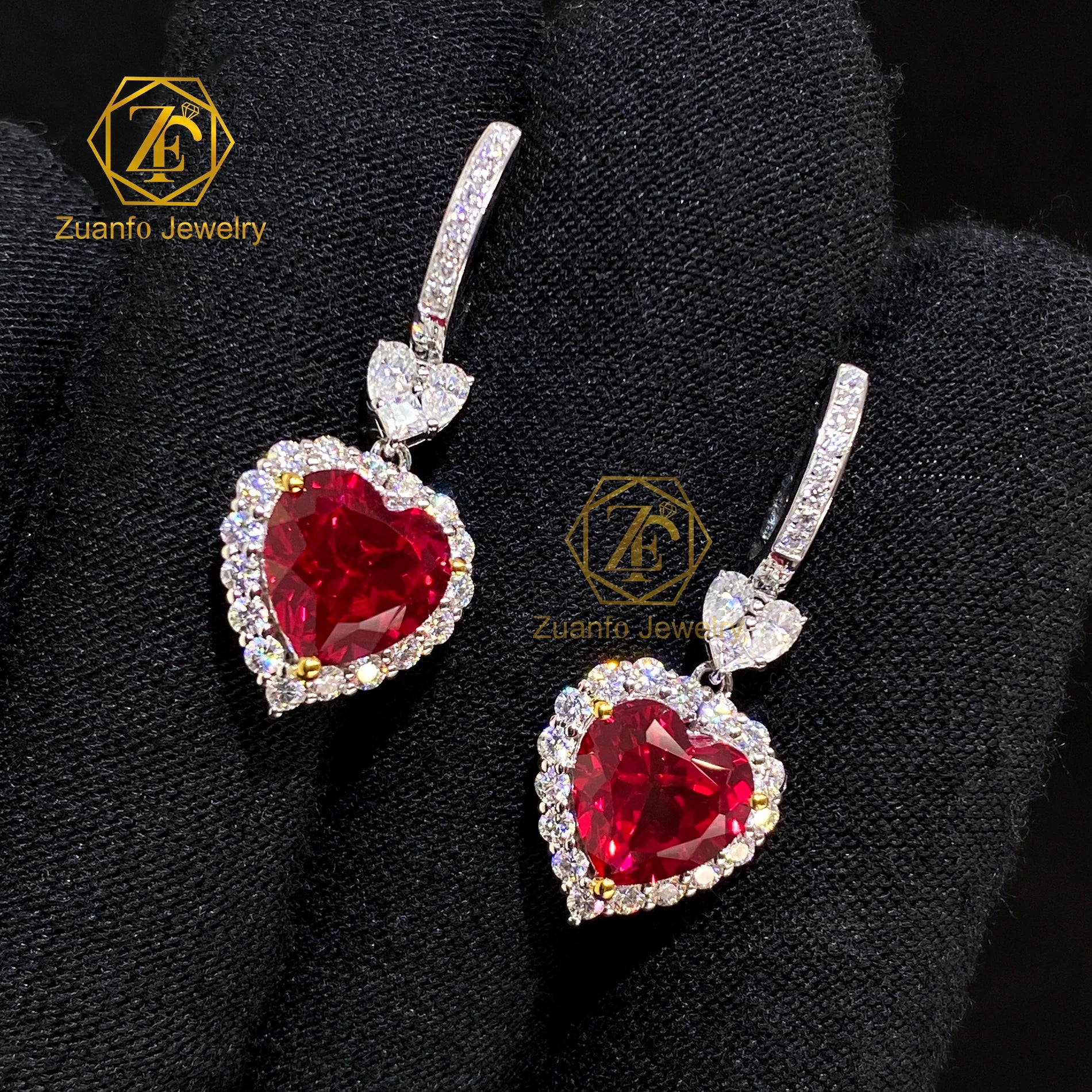 Luxury 18KT Solid White Double Gold Heart Cut 8x8mm Lab Diamond Ruby Hoop Drop Earrings