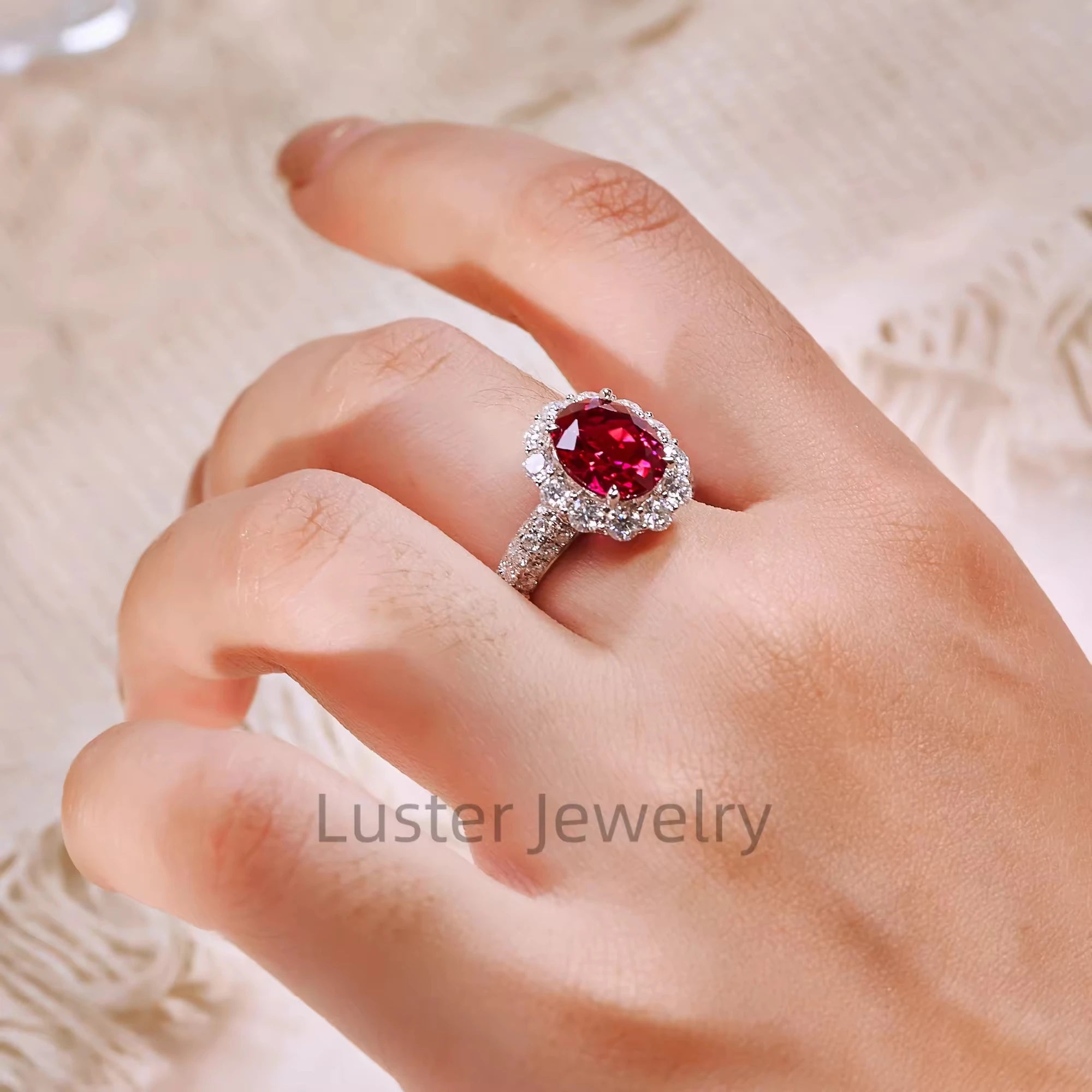 925 Sterling Silver Engagement Moissanite & Created Ruby Halo Ring