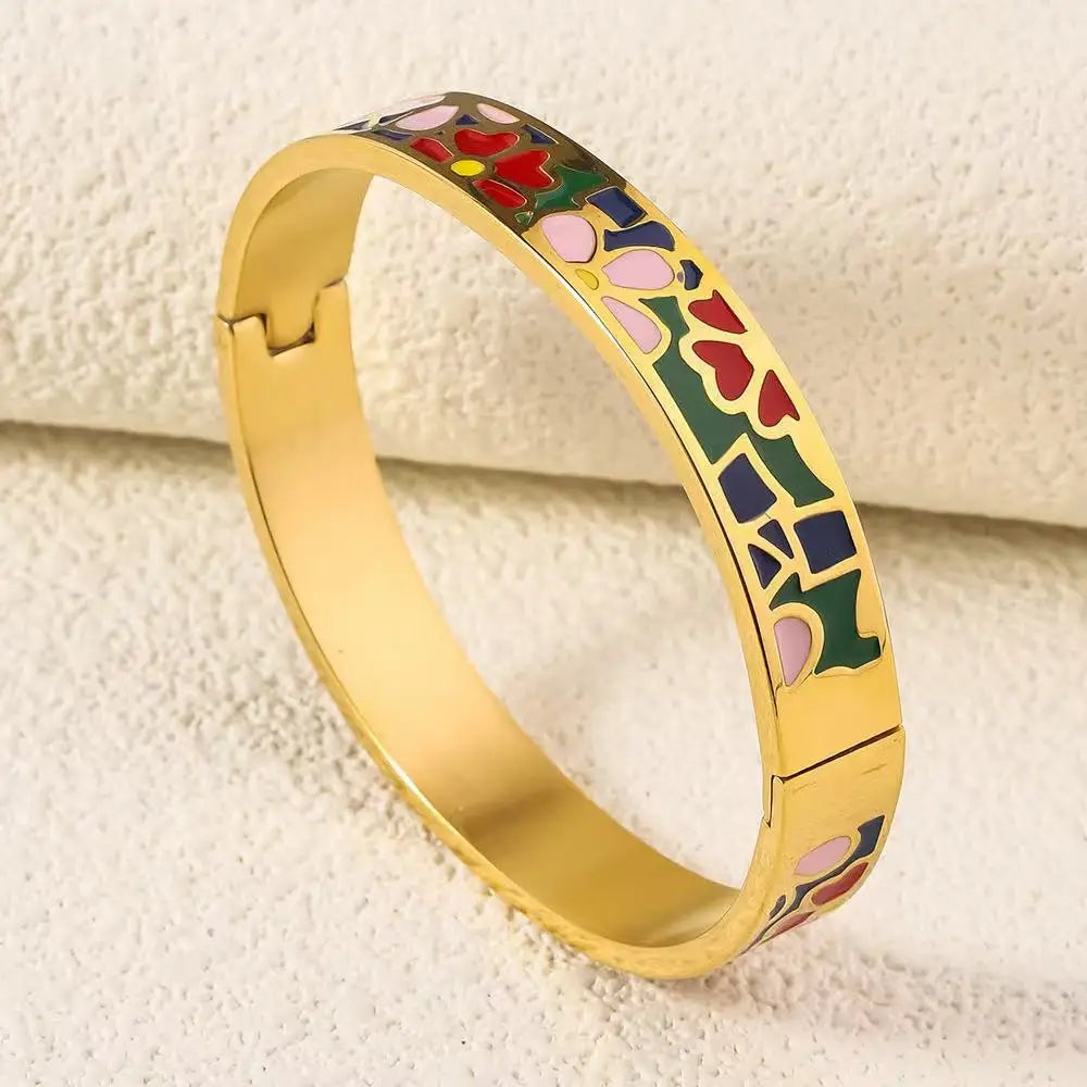 Gold Plated Geometric Enamel Design Stainless Steel Fashion Bangle