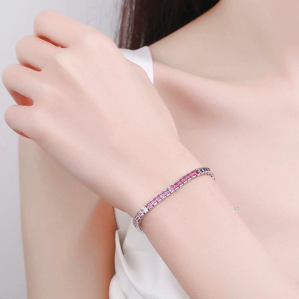 Pure Silver 17.5 CM 4MM 2.5*2.5MM Bling Rainbow Zircon Tennis Bracelet