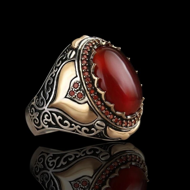 Geometric Red Agate Stone Ring Islamic Mosque Ring