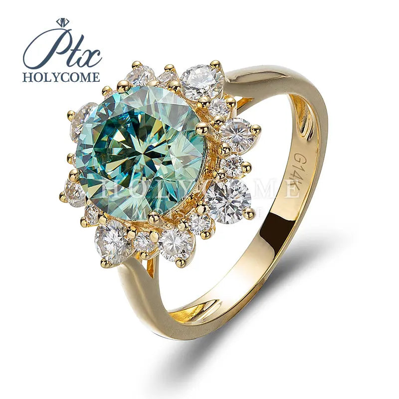 Real 14KT Solid Yellow Gold Blue Moissanite Solitaire Ring