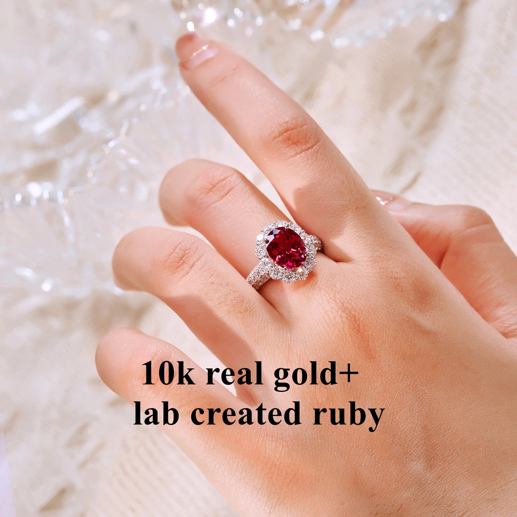 925 Sterling Silver Engagement Moissanite & Created Ruby Halo Ring