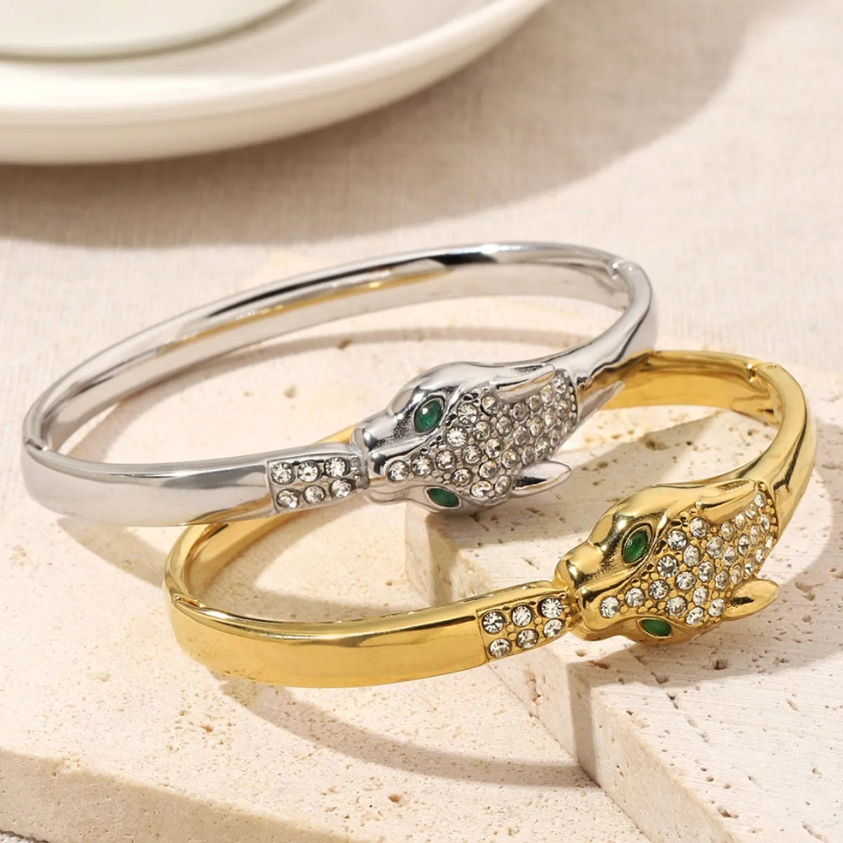 CZ Leopard Head Gold Plated Bangle