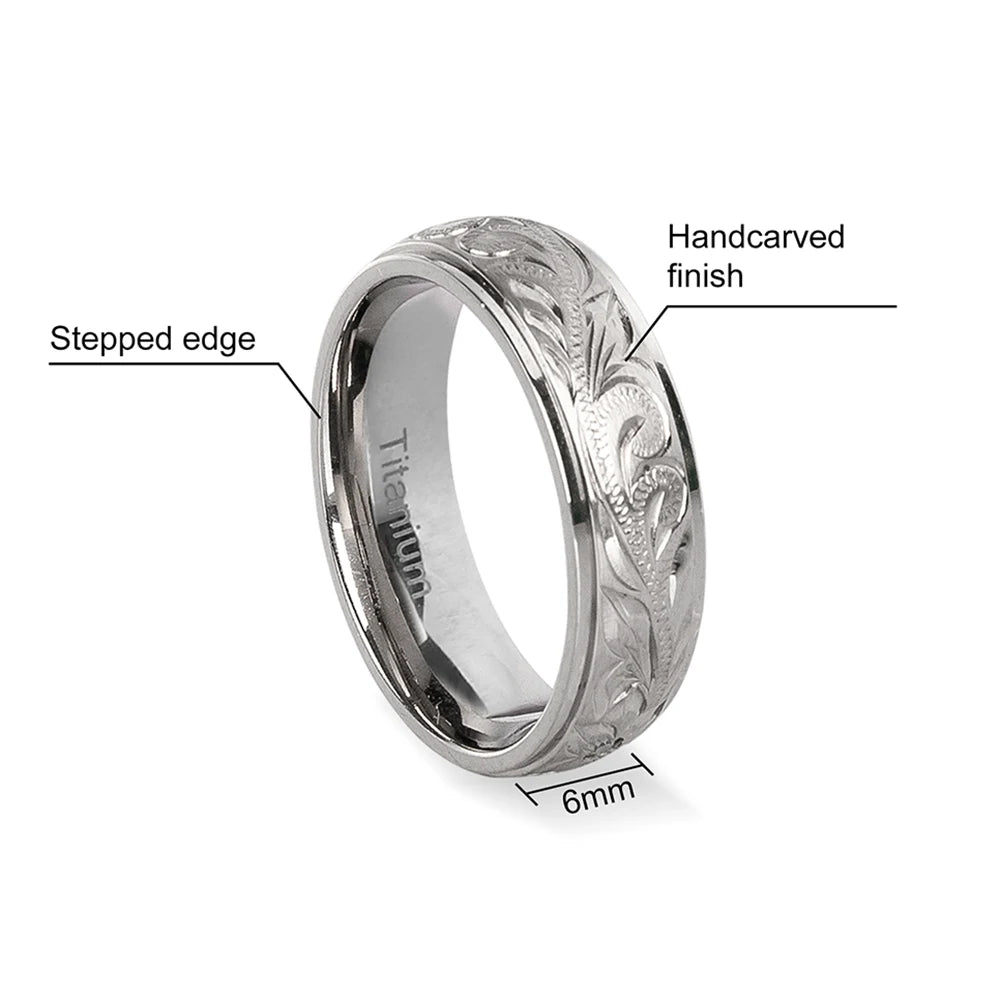 Titanium Wedding Hand Floral Engraved Wedding Band CZ Bezel Comfort Fit