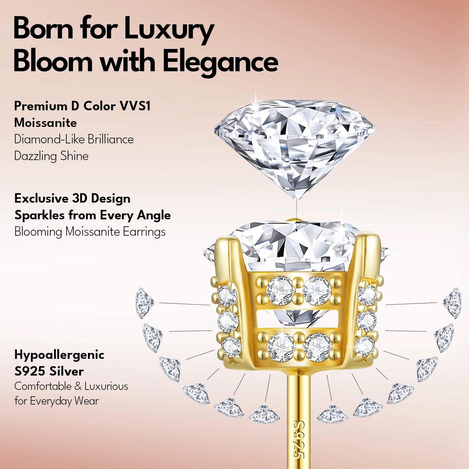 925 Sterling Silver 14KT Gold Plated Women 2 Carat VVS GRA Lab Diamond Hypoallergenic Earring