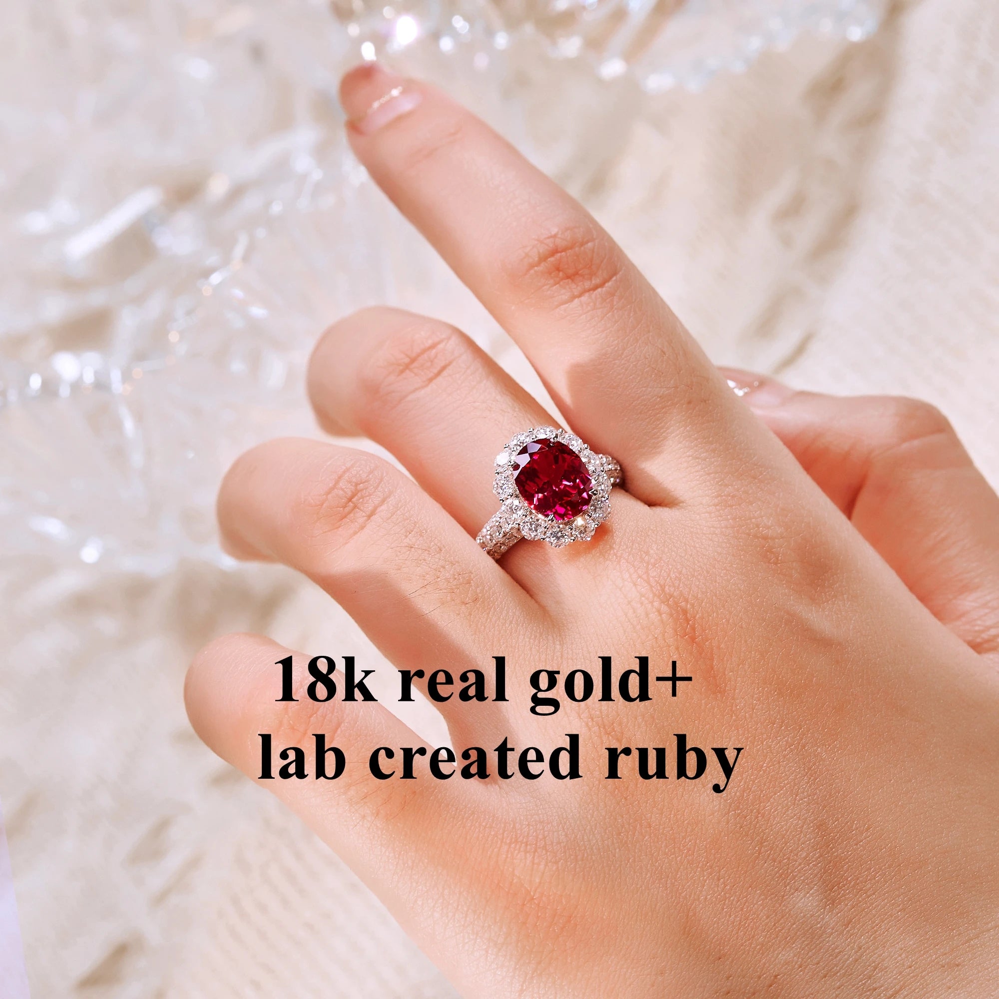 925 Sterling Silver Engagement Moissanite & Created Ruby Halo Ring