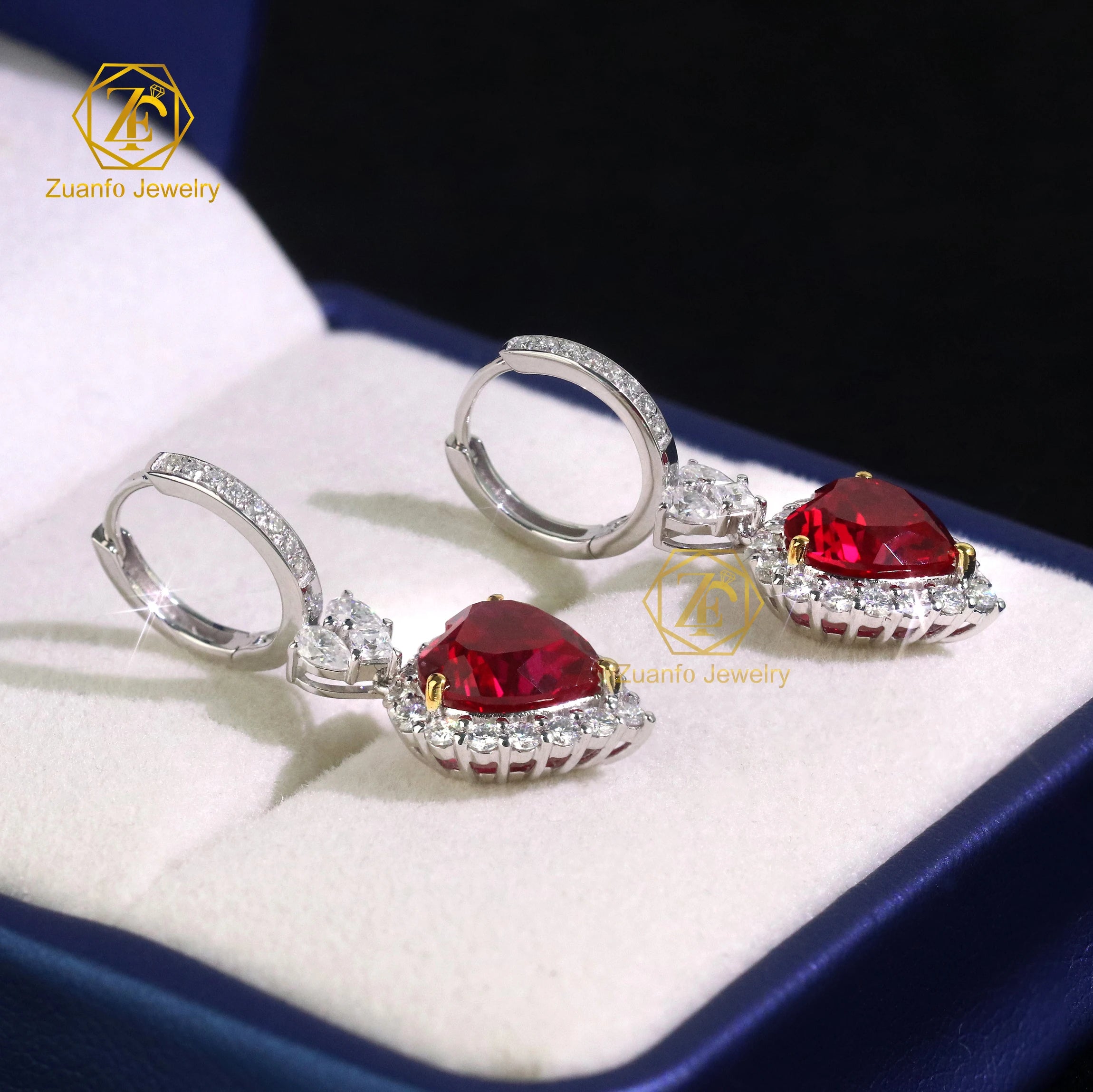 Luxury 18KT Solid White Double Gold Heart Cut 8x8mm Lab Diamond Ruby Hoop Drop Earrings