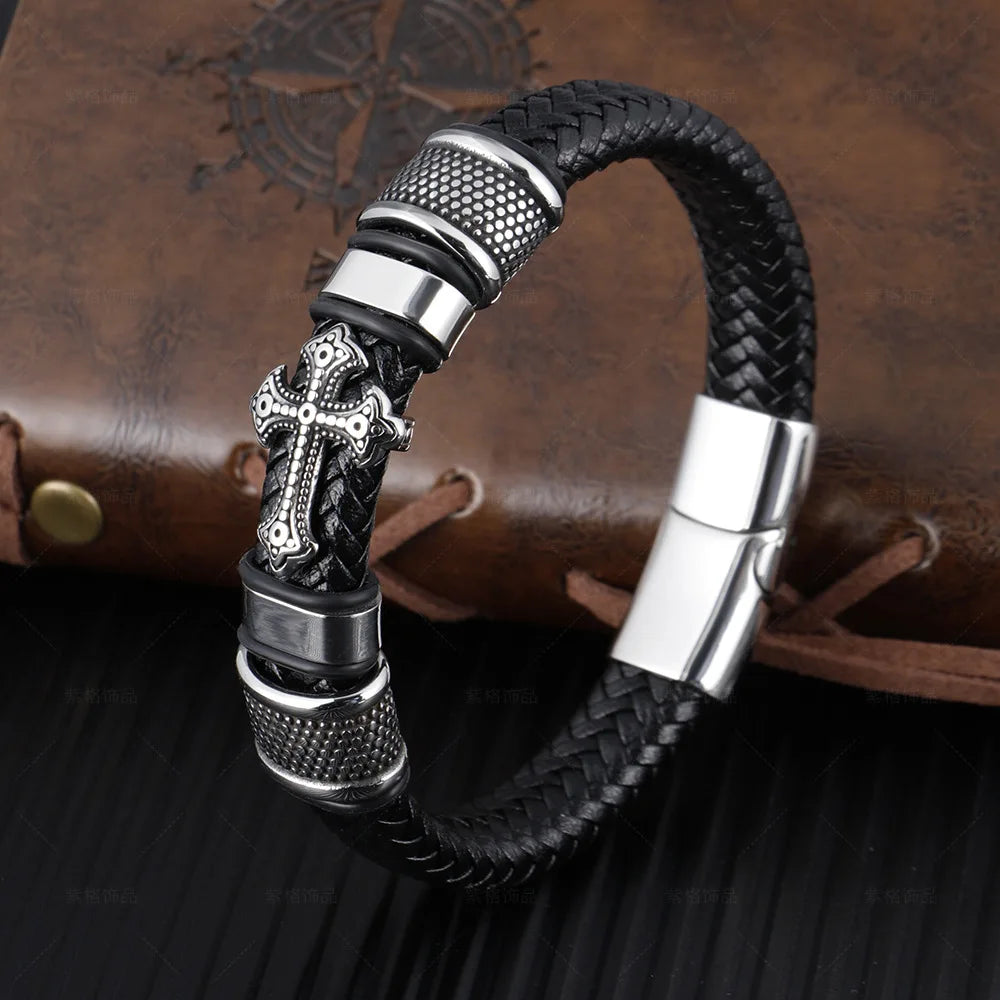 High Quality Vintage Men's Genuine Leather Bracelet Black Braided Cross Fashion Bangle