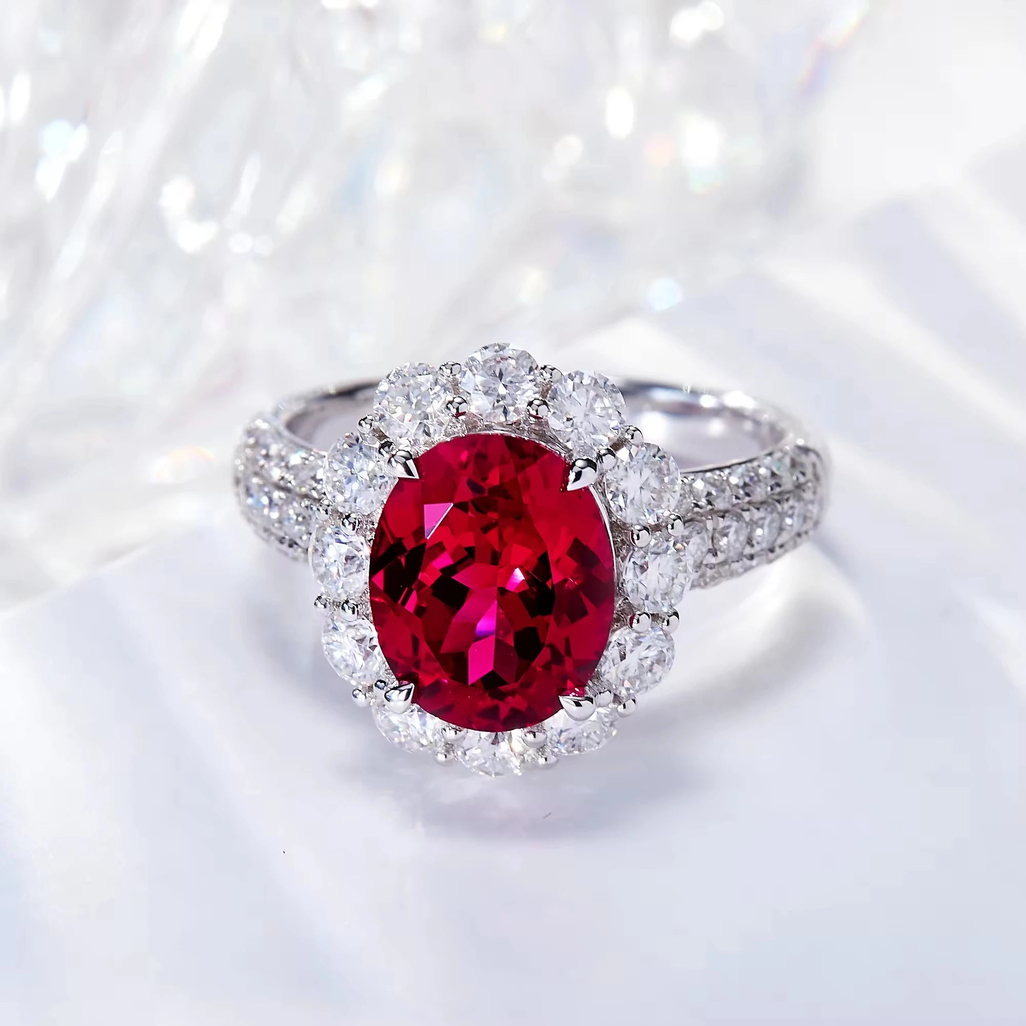 925 Sterling Silver Engagement Moissanite & Created Ruby Halo Ring