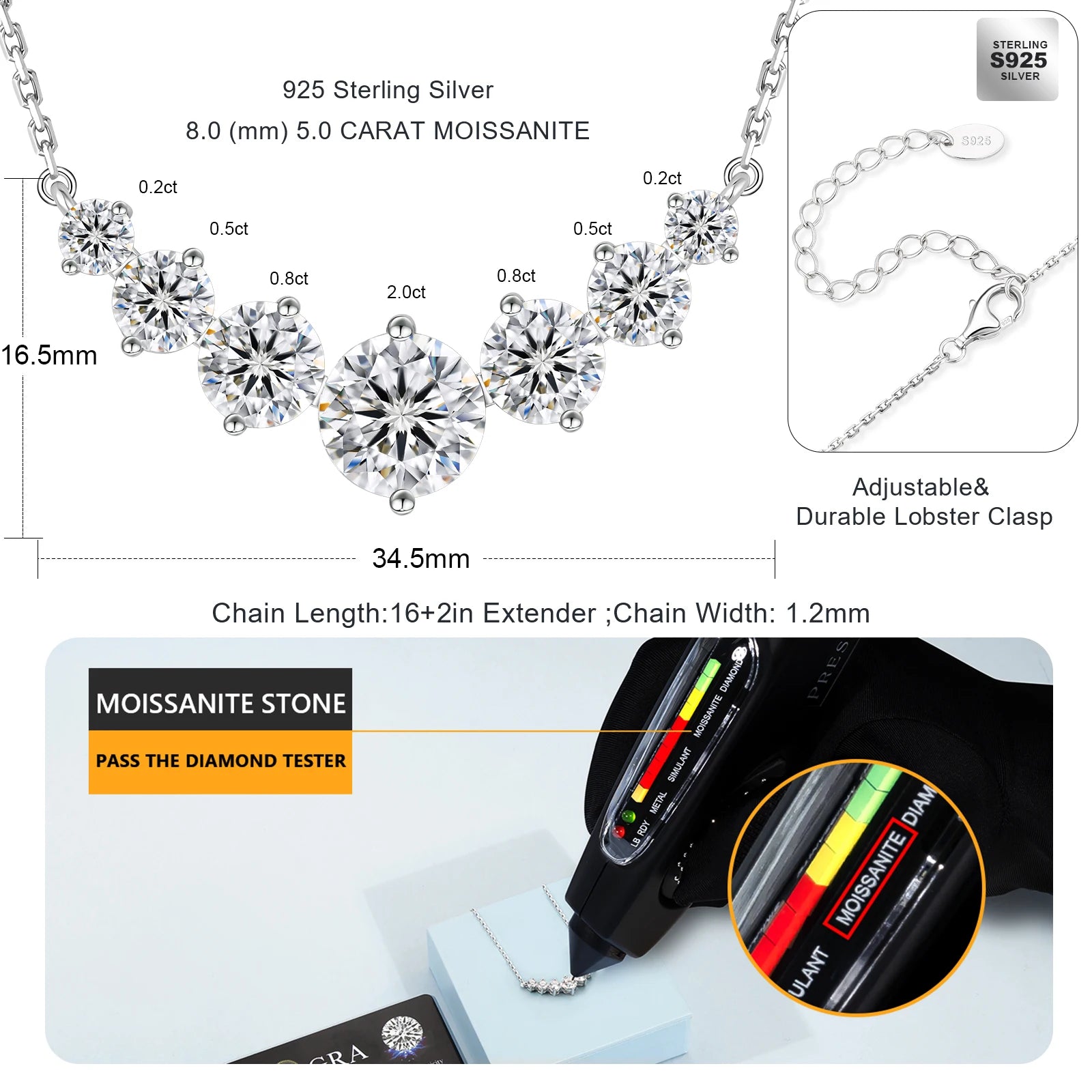 5 Carat VVS Moissanite 925 Sterling Silver Chain 14KT Necklace