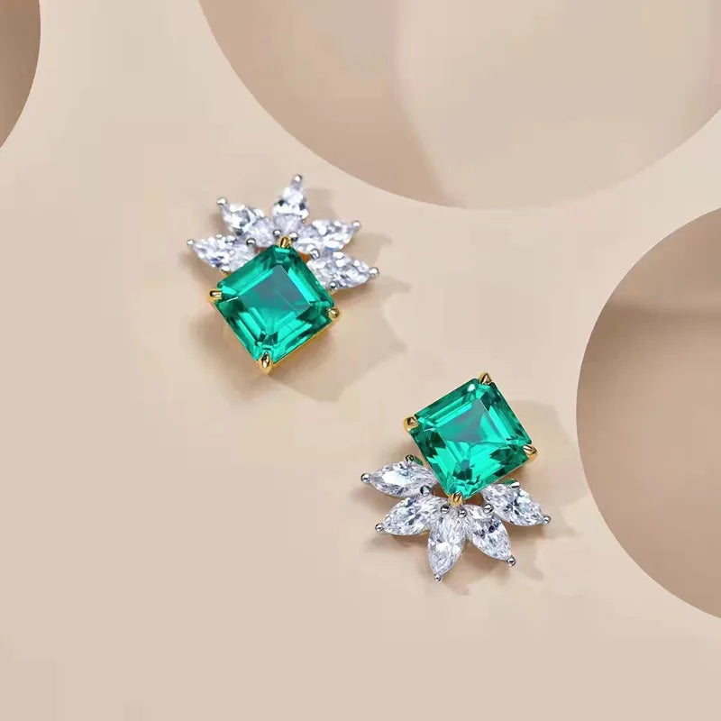 925 Sterling Silver Plated 18KT Gold 3 Carat VVG Lab Emerald Luxury Earrings
