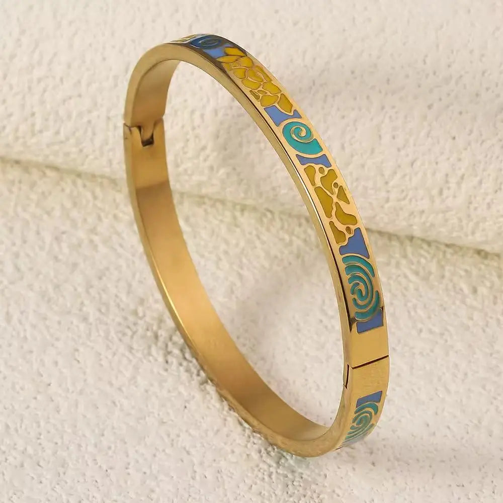 Gold Plated Geometric Enamel Design Stainless Steel Fashion Bangle