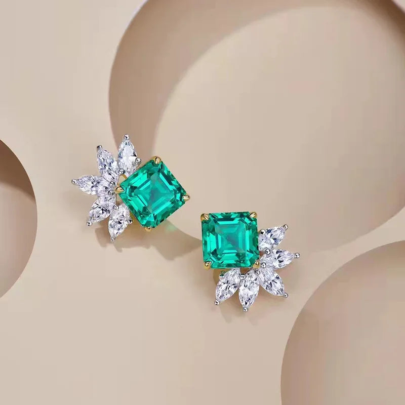 925 Sterling Silver Plated 18KT Gold 3 Carat VVG Lab Emerald Luxury Earrings