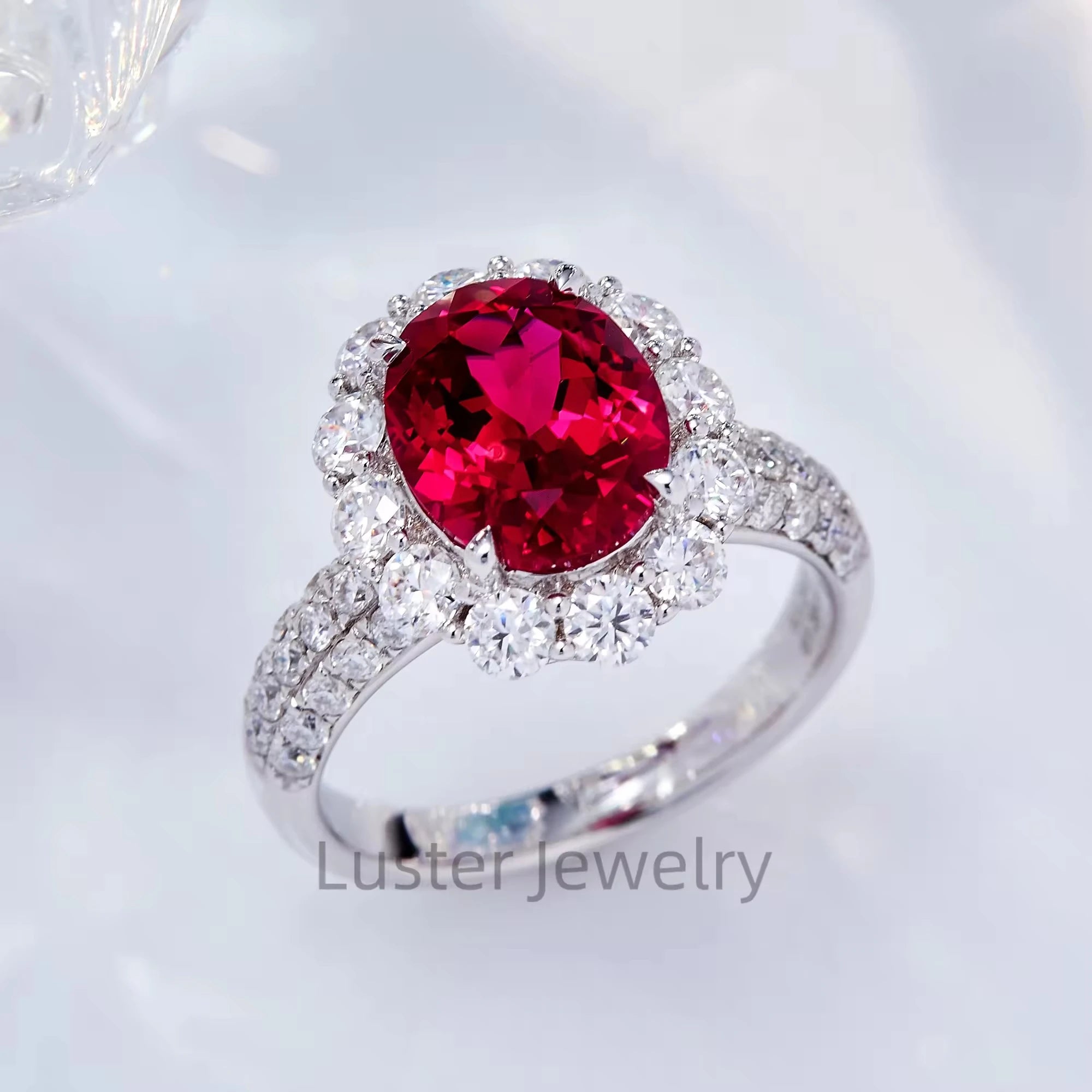 925 Sterling Silver Engagement Moissanite & Created Ruby Halo Ring