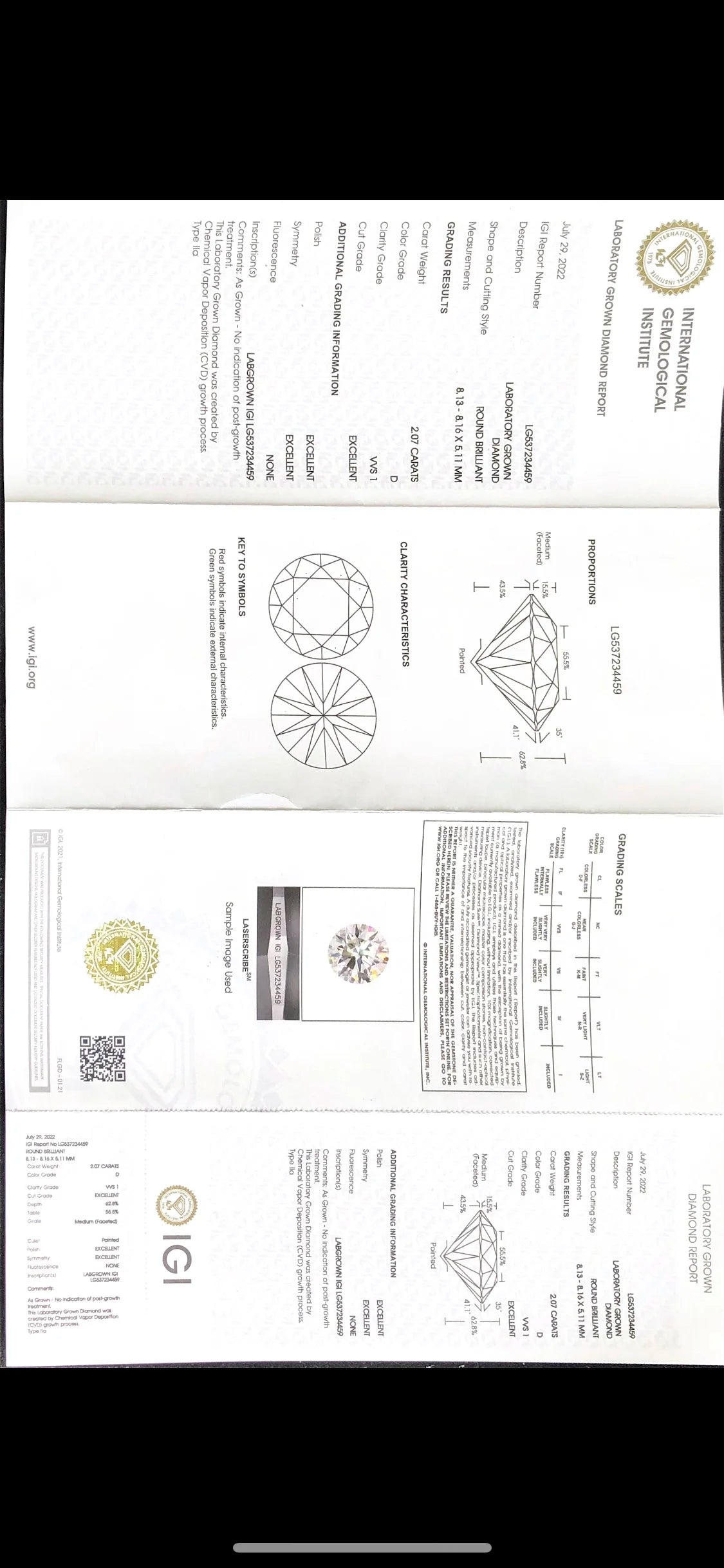 IGI Certified Diamond 2.07 Carat D VVS1 Lab Diamond RD Diamond