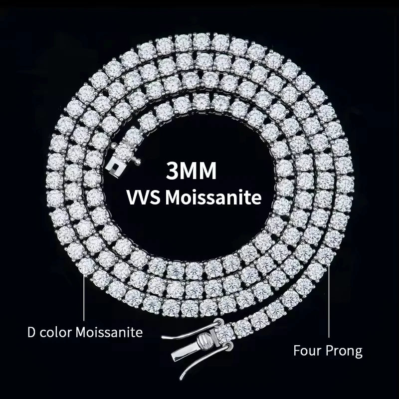 Certified  VVS D Moissanite Tennis Necklace Necklace 925 Sterling Silver 3mm
