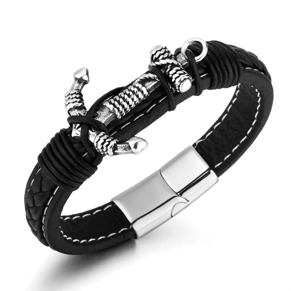 High Quality Vintage Men's Genuine Leather Bracelet Black Braided Cross Fashion Bangle