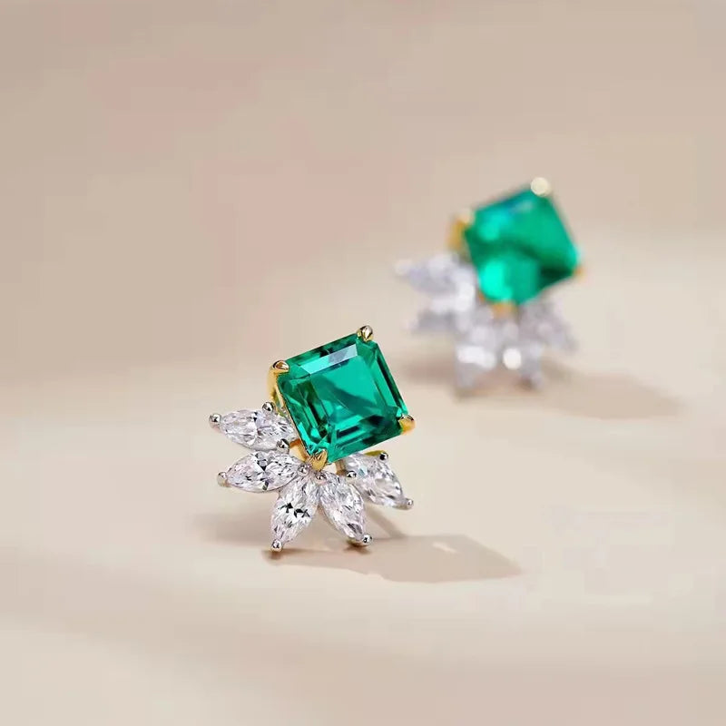 925 Sterling Silver Plated 18KT Gold 3 Carat VVG Lab Emerald Luxury Earrings