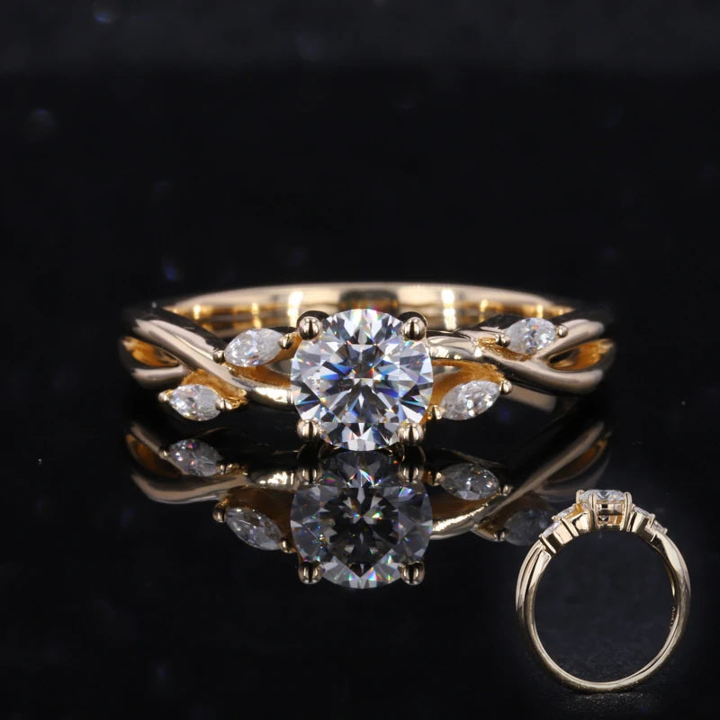 Round Brilliant Cut Adorned Marquise Moissanite Gemstone 10KT Yellow Solid Gold Ring