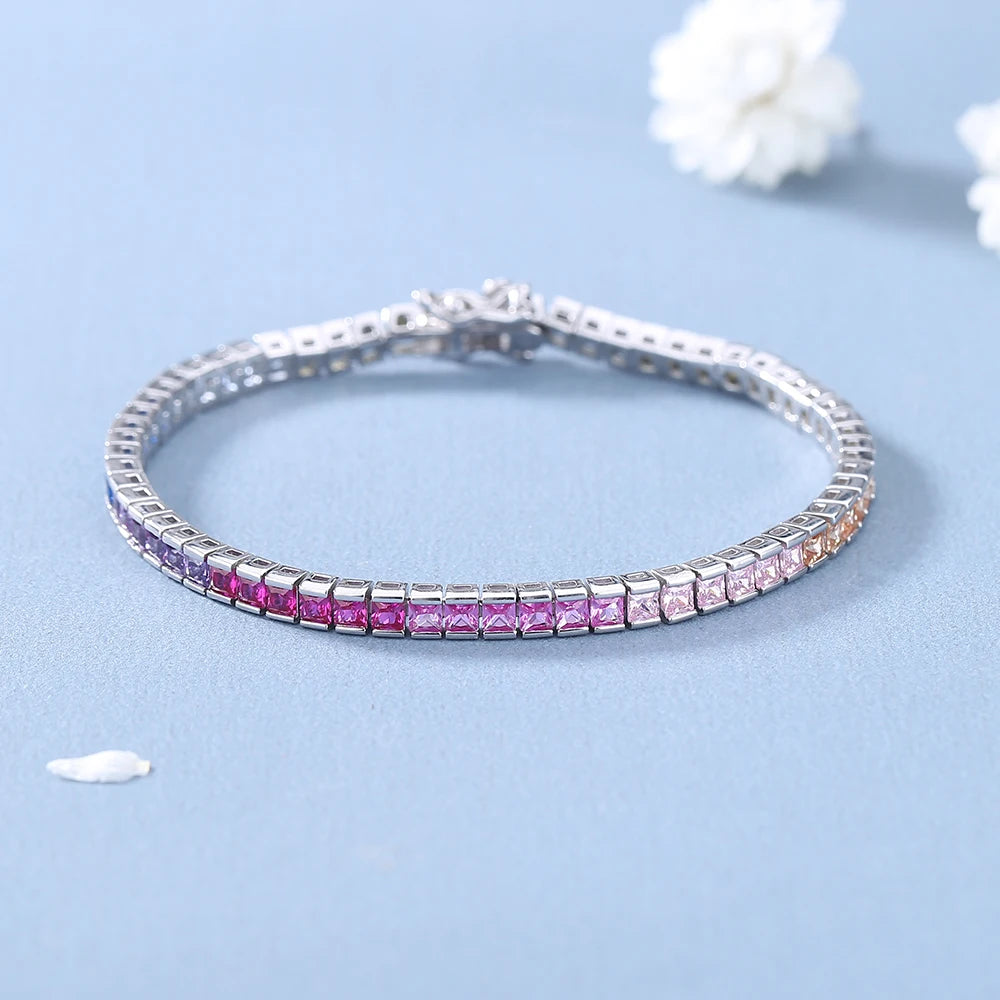 Pure Silver 17.5 CM 4MM 2.5*2.5MM Bling Rainbow Zircon Tennis Bracelet