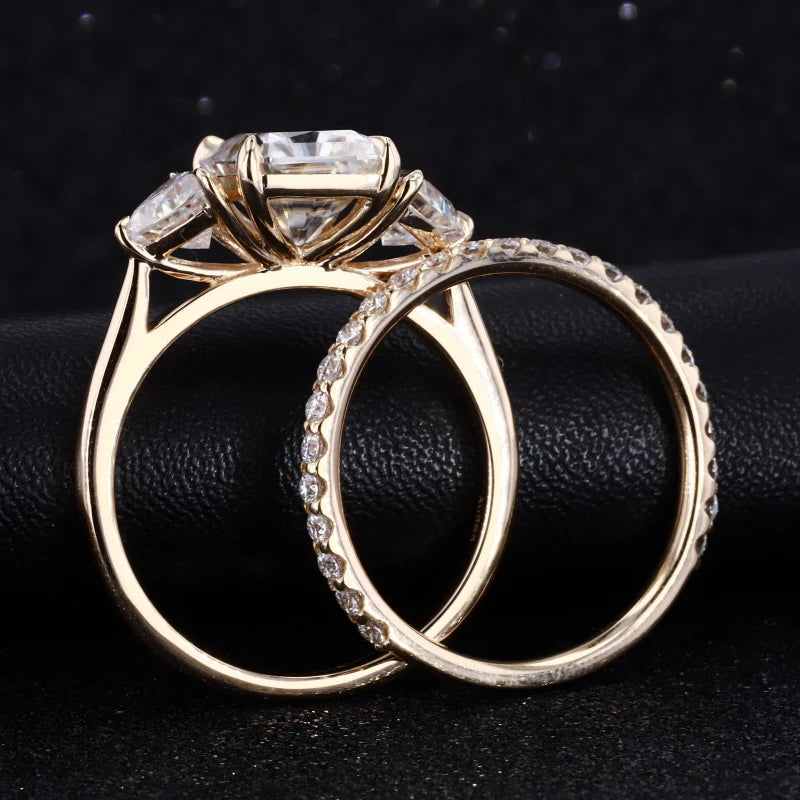 Fancy Radiant Cut DEF Colorless Sapphire Trillions Three Stone Wedding Set