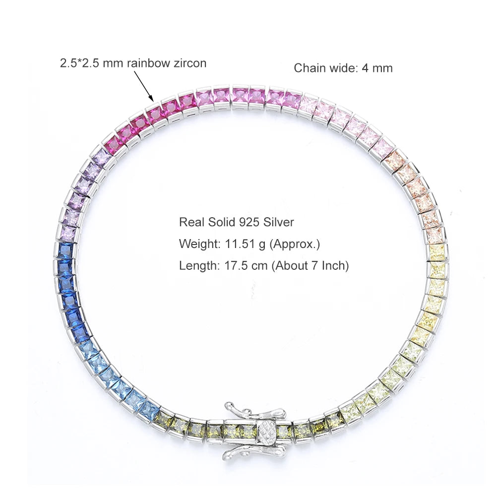 Pure Silver 17.5 CM 4MM 2.5*2.5MM Bling Rainbow Zircon Tennis Bracelet