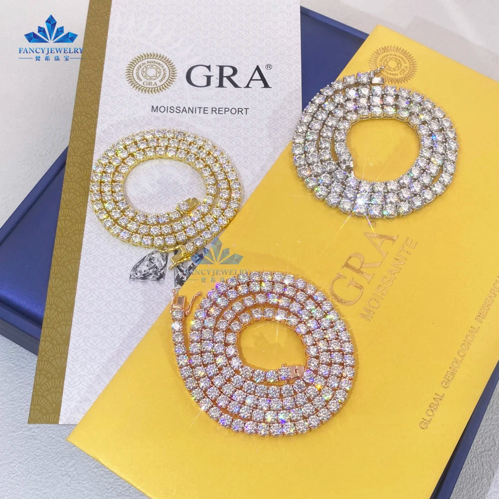 925 Sterling Silver 3mm 4mm 5mm VVS Moissanite Diamond Link Chain