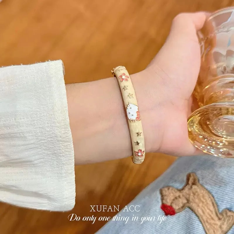 Hello Kitty Enamel Bracelet Bangles Dipped White Gold Plating Over Stainless Steel Zinc