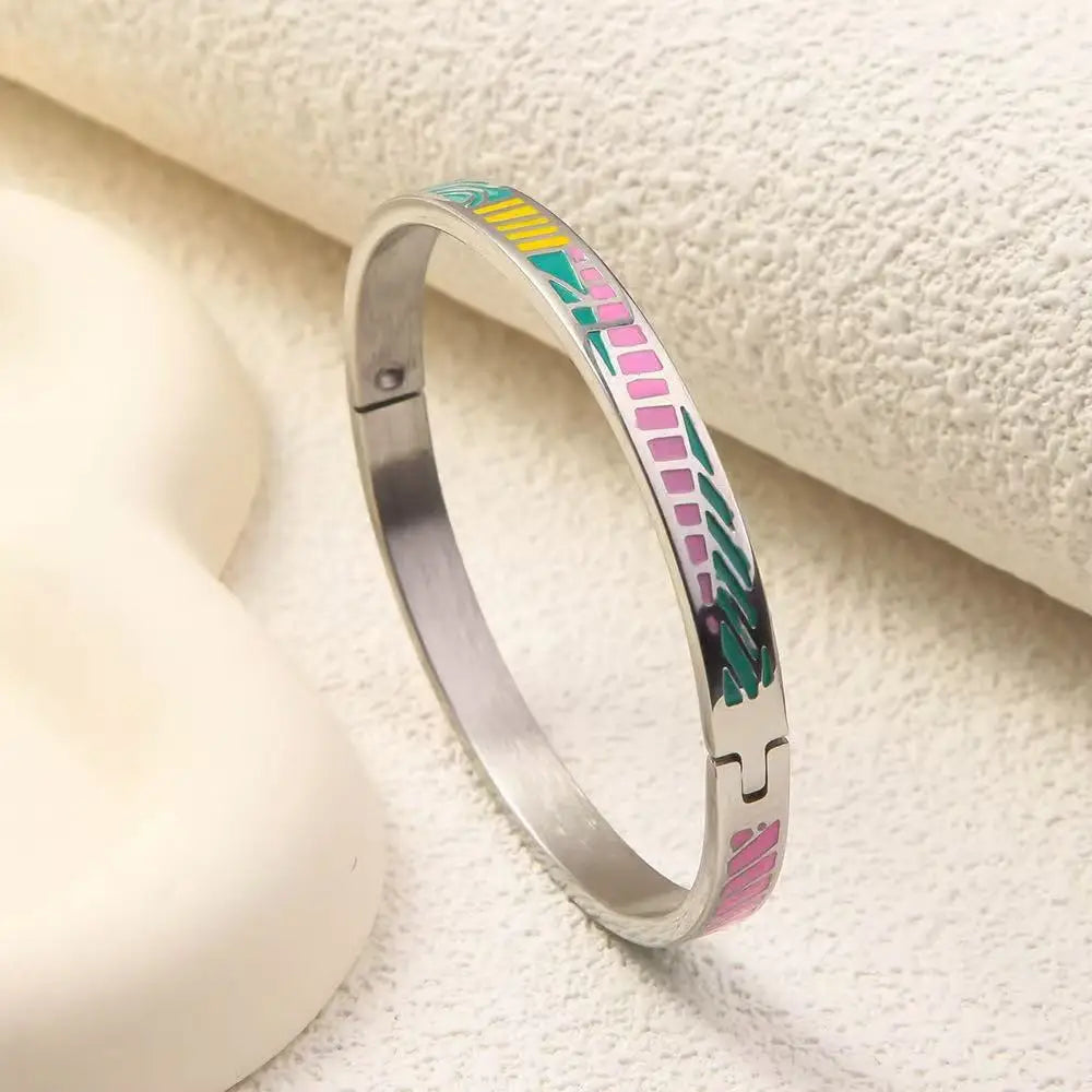 Gold Plated Geometric Enamel Design Stainless Steel Fashion Bangle