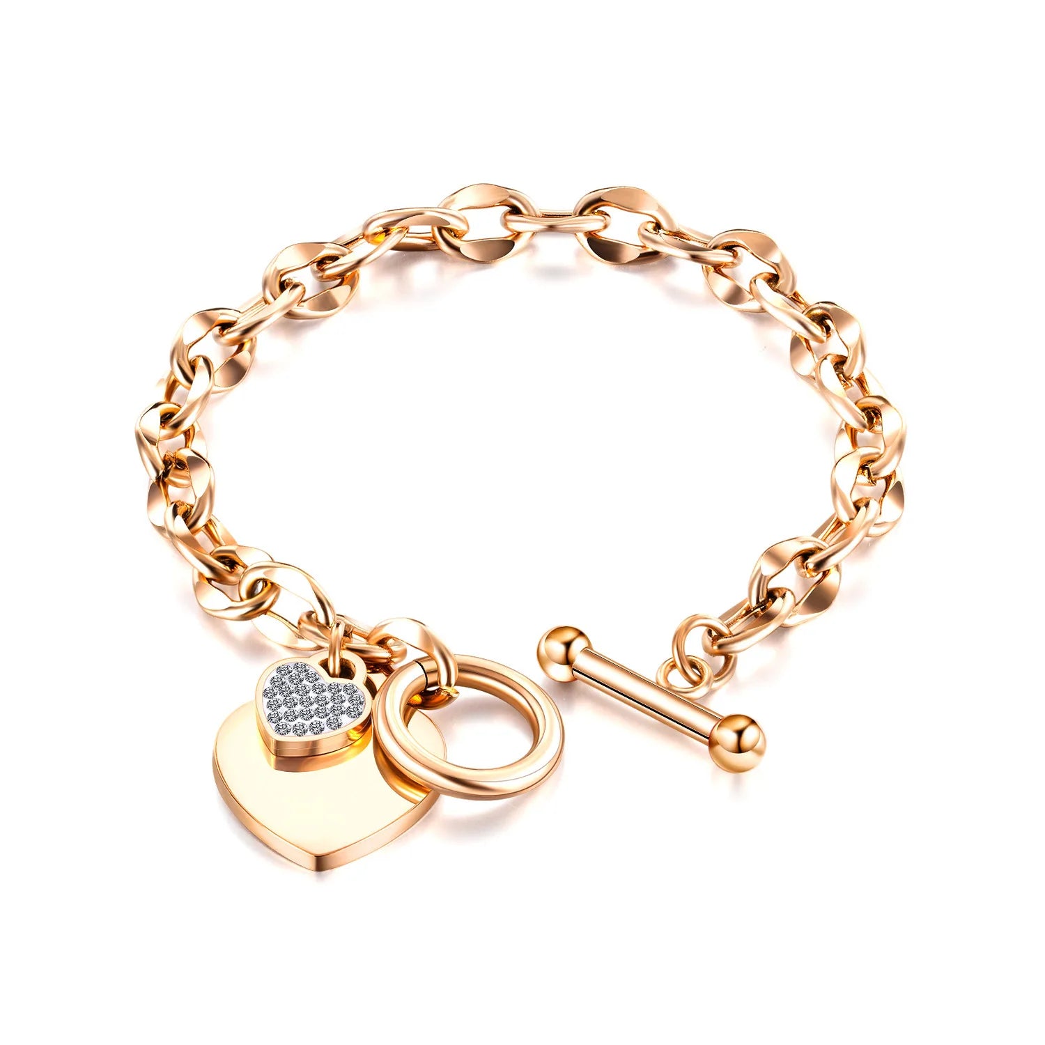 14KT Gold Plated Toggle Clasp Heart Charm Stainless Steel Bangle Bracelet