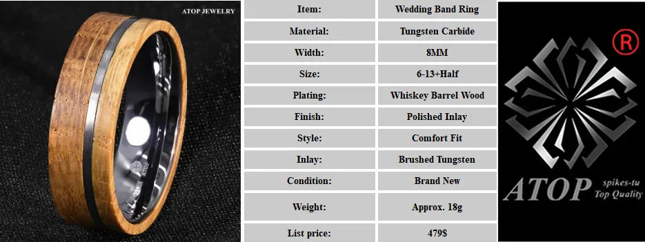 8MM Tungsten Ring Whiskey Barrel Wooden Wedding Ring