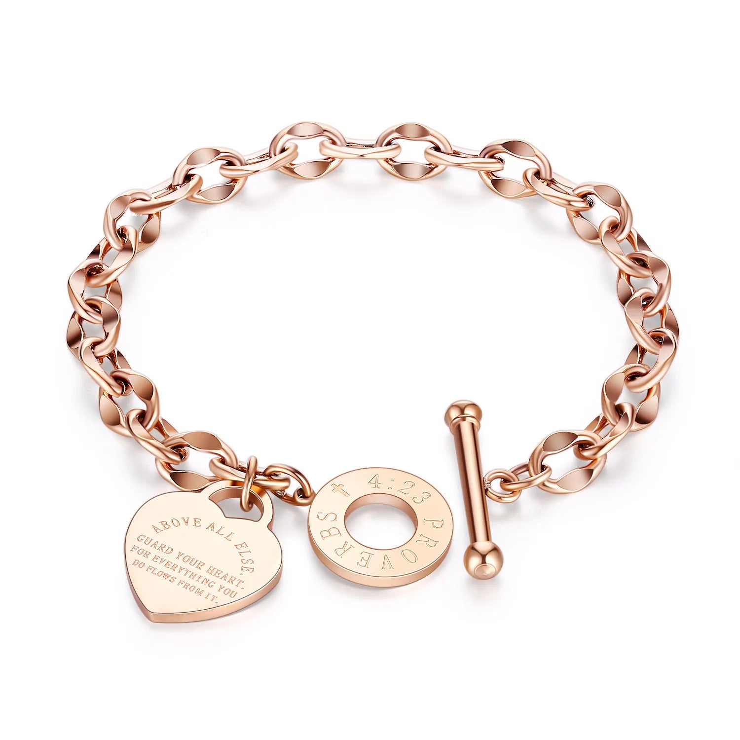 14KT Gold Plated Toggle Clasp Heart Charm Stainless Steel Bangle Bracelet