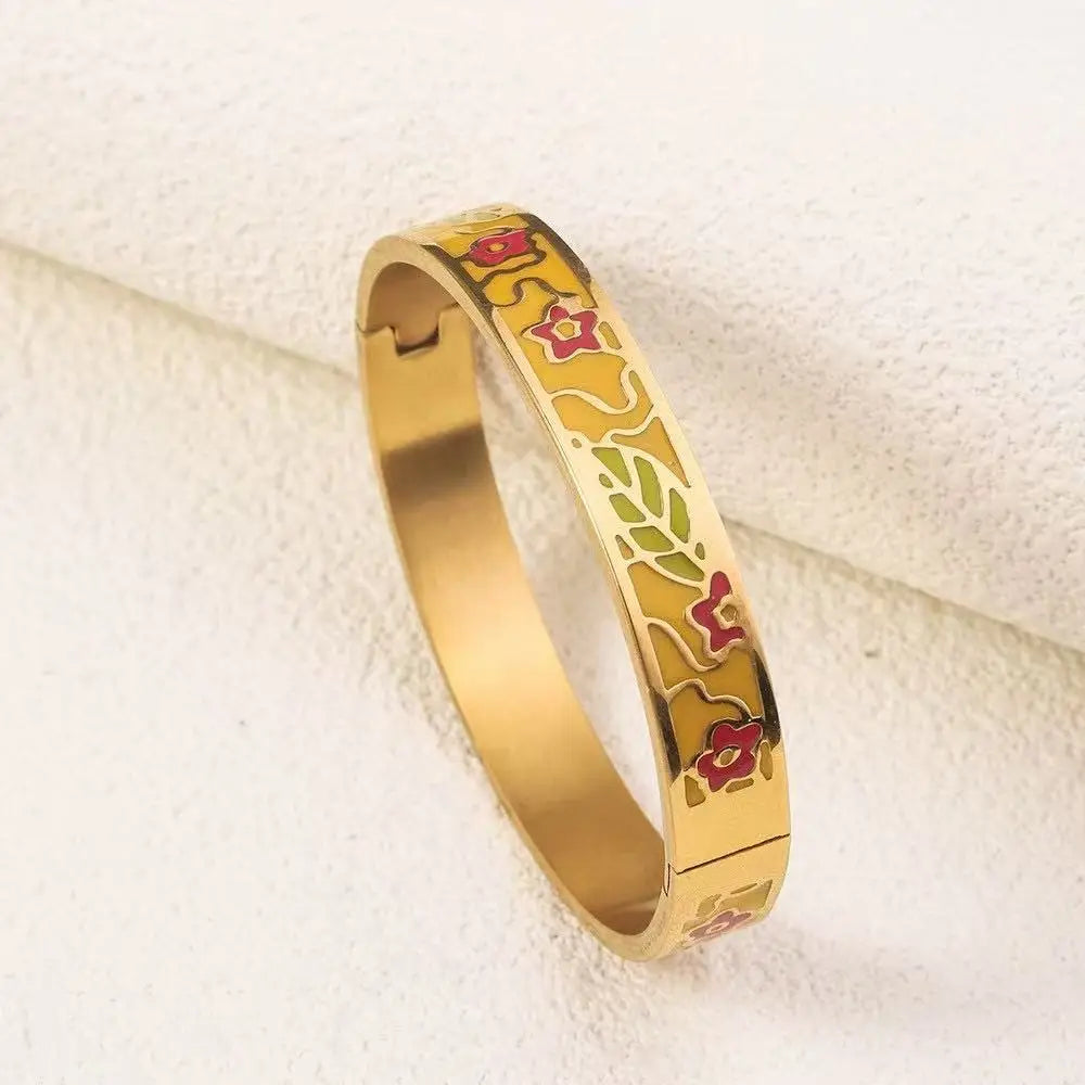 Gold Plated Geometric Enamel Design Stainless Steel Fashion Bangle