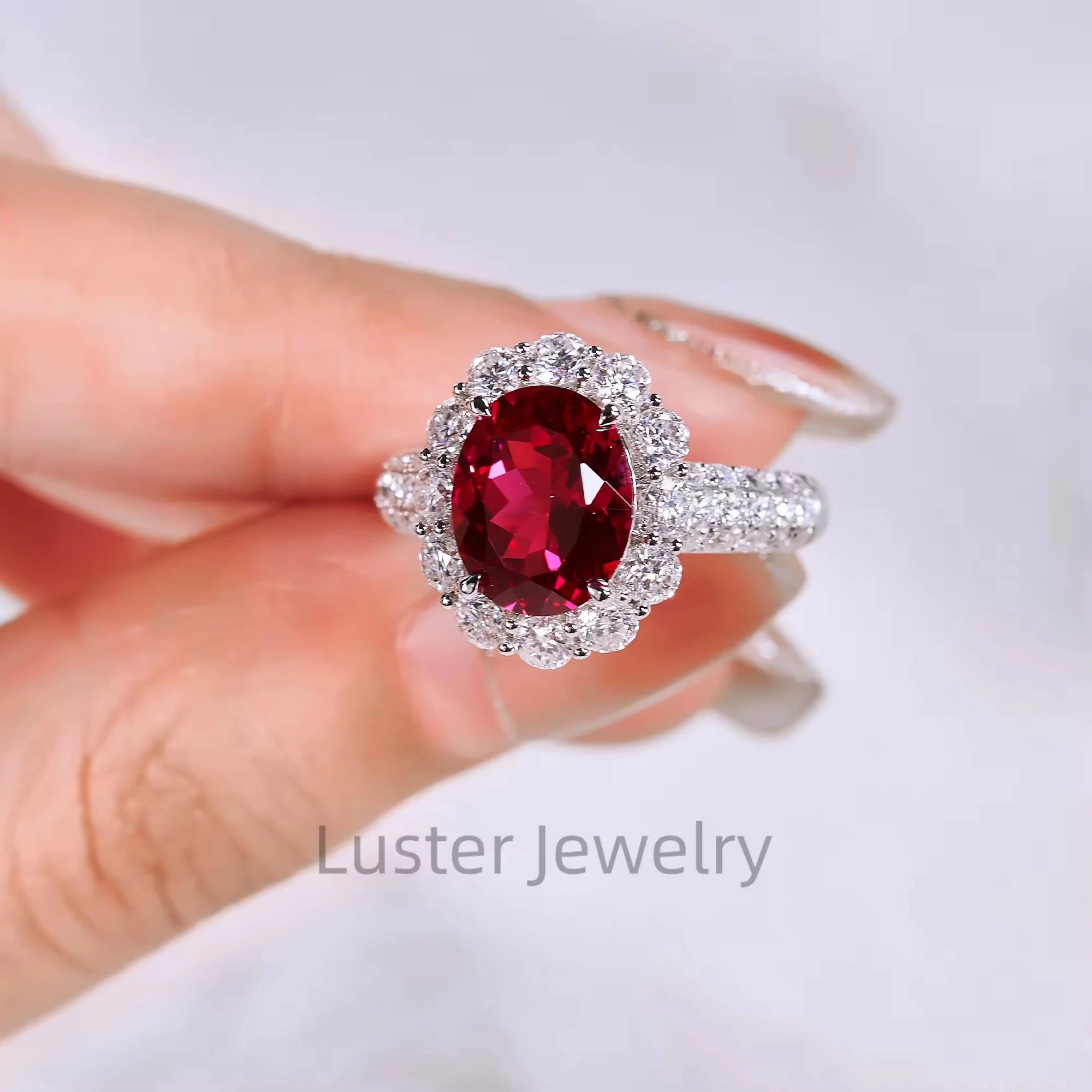 925 Sterling Silver Engagement Moissanite & Created Ruby Halo Ring