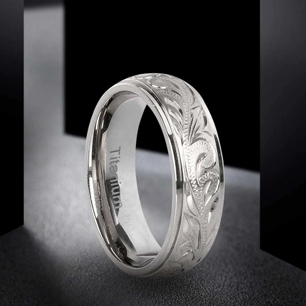 Titanium Wedding Hand Floral Engraved Wedding Band CZ Bezel Comfort Fit