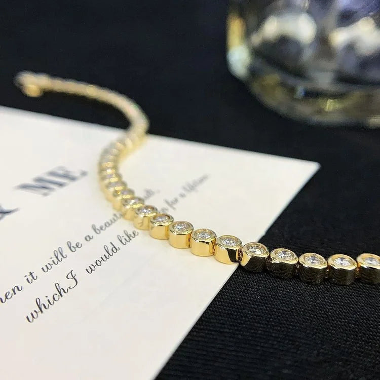 18KT Gold Bezel Setting Tennis Bracelet With 2.4mm Round Brilliant Cut Lab Diamond Chain Bracelet