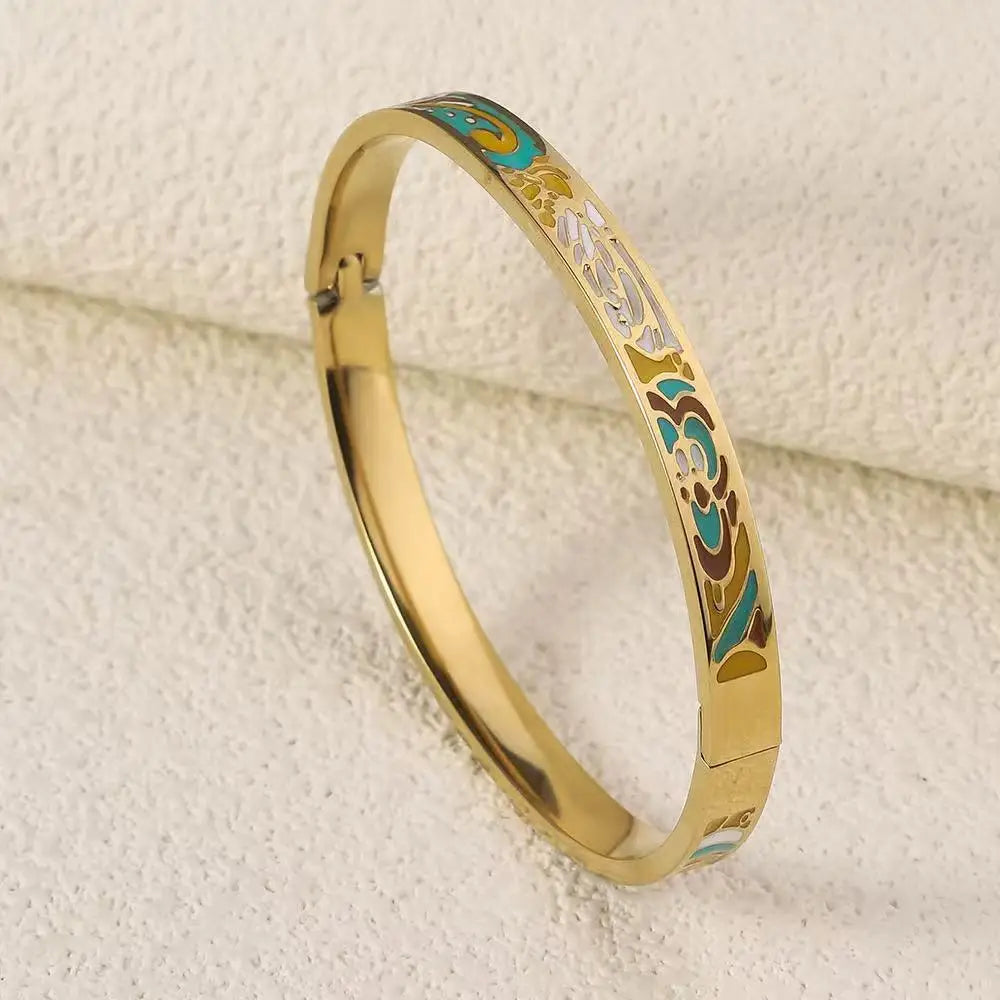 Gold Plated Geometric Enamel Design Stainless Steel Fashion Bangle