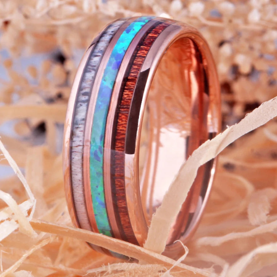 Classic Rose-Gold Tungsten Carbide Ring Blue Fire Opal & Antler & Wood Inlay