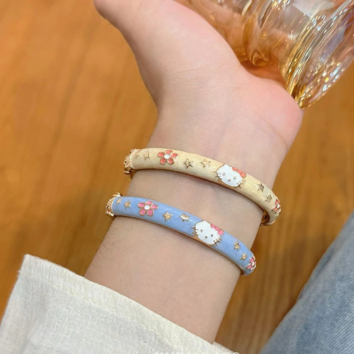 Hello Kitty Enamel Bracelet Bangles Dipped White Gold Plating Over Stainless Steel Zinc