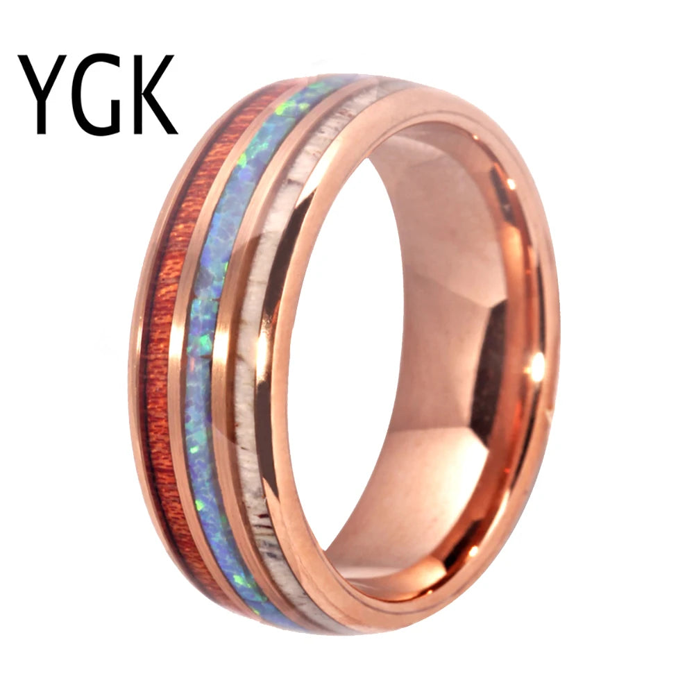 Classic Rose-Gold Tungsten Carbide Ring Blue Fire Opal & Antler & Wood Inlay
