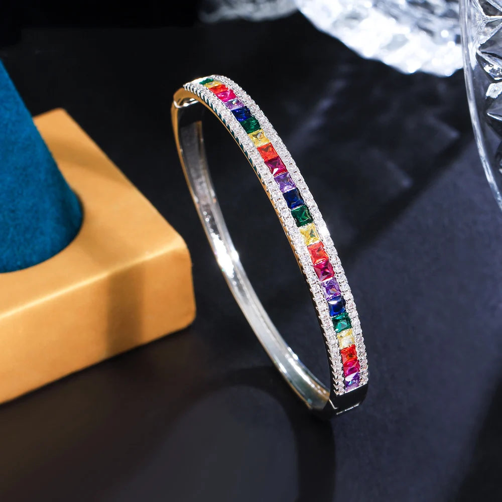 Chic Colorful Cubic Zirconia Crystal Rainbow Wedding Bridal Bracelets Luxury Accessorized Fashion Bangles for Women