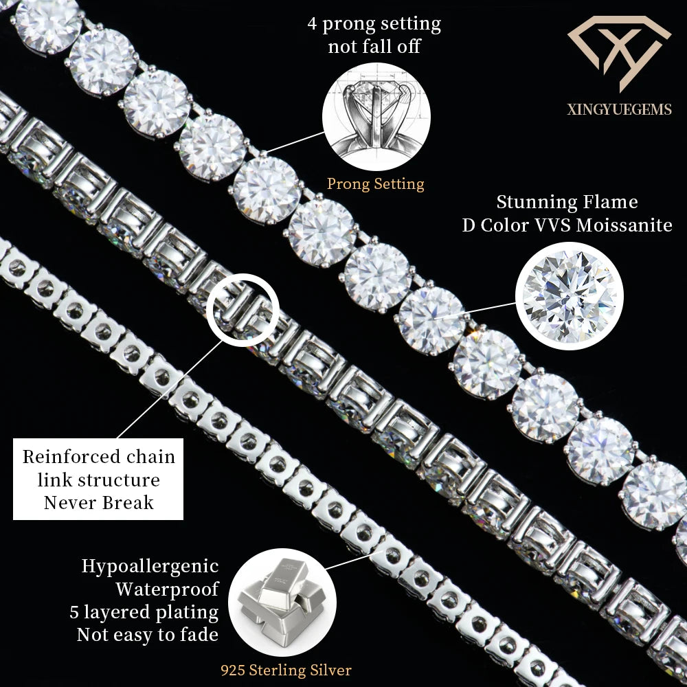 2-6mm Iced Jewelry 925 Sterling Silver VVS Graded Moissanite Tennis Chain Bracelet