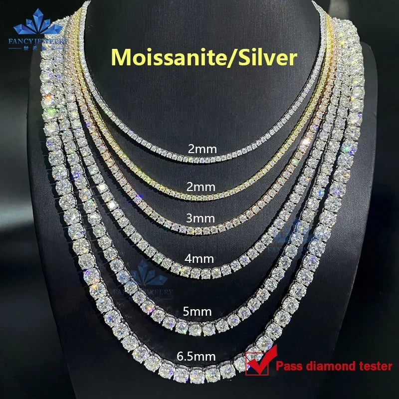 Tennis Chain Necklace 2mm 3mm 4mm Lab Diamond 925 Silver VVS Moissanite Iced Tennis Link