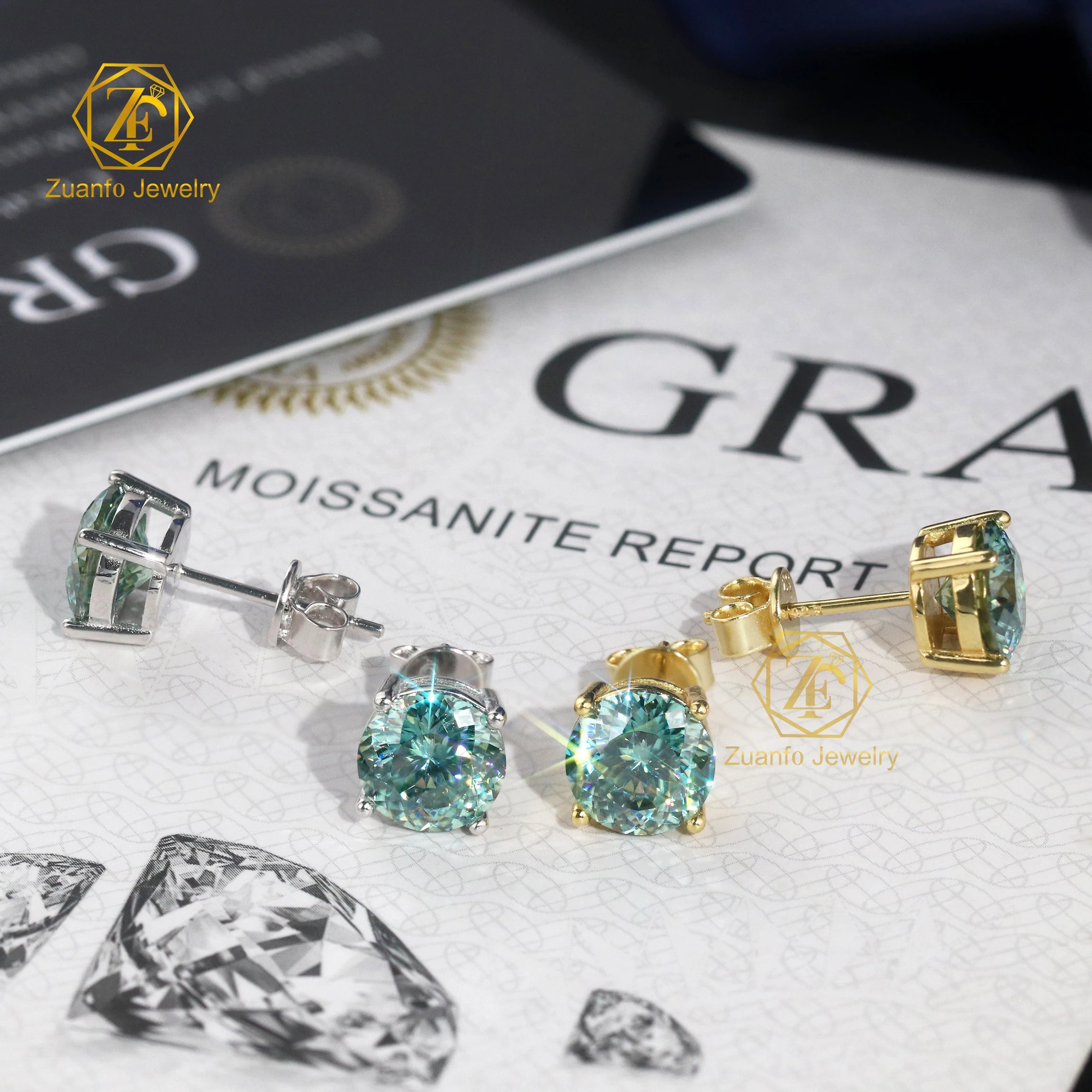 Certified Lab Diamond 8MM Blue Green Portuguese Cut Moissanite Stud Earrings